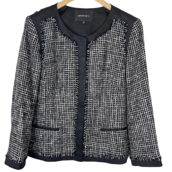 LAFAYETTE 148 NEW YORK Black Textured Tweed Grid Fringe Blazer Jacket 14 office - Picture 16 of 16